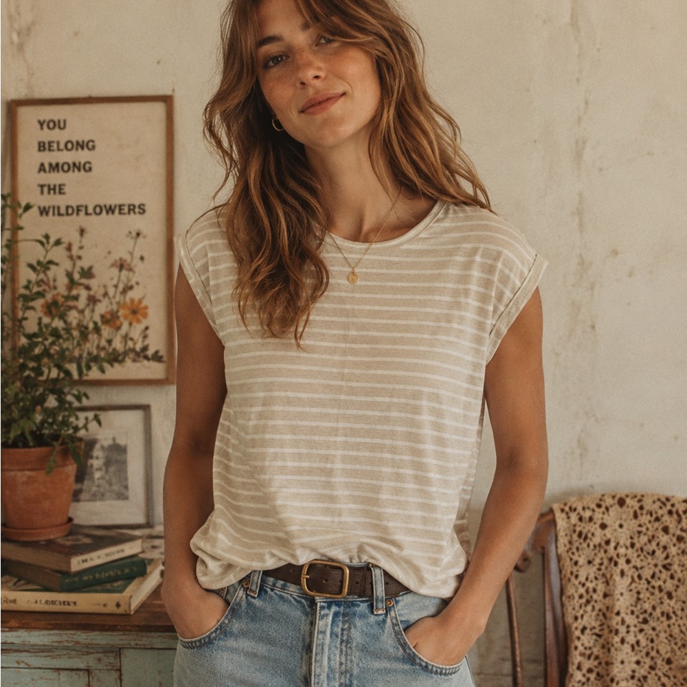 Cream Oat Heather & White Striped Short Sleeve Top With Crochet Open Knit Back